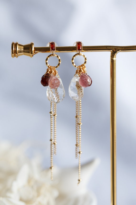 Romantic Rock Crystal & Garnet Cluster Drop Earrings