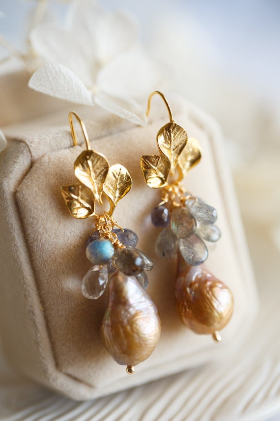 Winter Metallic Orange Baroque Pearl Cluster Earrings