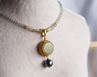 Jade Perfume Locket & Tahitian Black Pearl Pendant Necklace