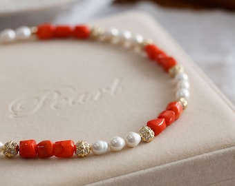 Bridget Bold Orange-red Coral and Pearl Necklace