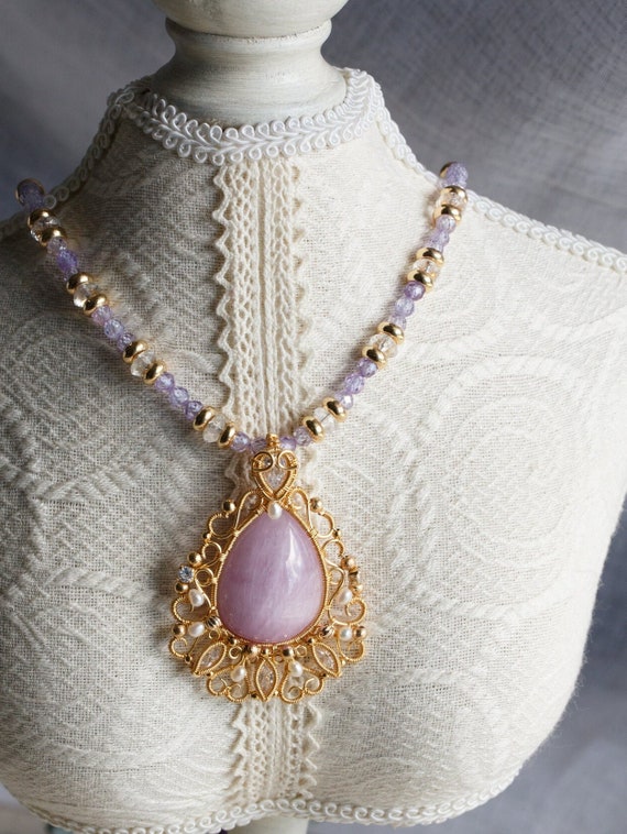 Purple Kunzite Statement Pendant on Gemstone Necklace