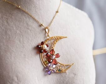 Maya Garnet Gemstone Crystal Half-Moon Pendant Necklace