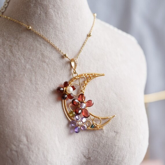 Maya Garnet Gemstone Crystal Half-Moon Pendant Necklace