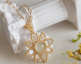 Austyn Natural Prehnite Sunflower Pendant Necklace