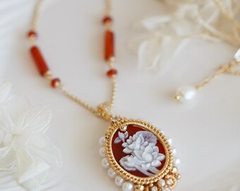 Lyanna Two Layers Red Agate Cameo Pendant Necklace
