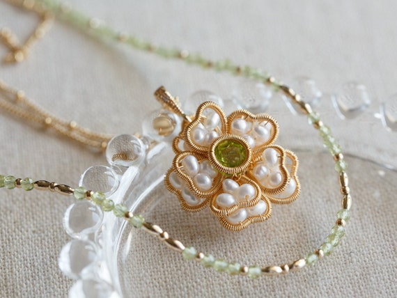 Peridot & Pearl Flower Pendant Multi-Strand Necklace