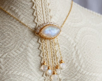 Rainbow Moonstone Crystal Tassel Pendant Necklace