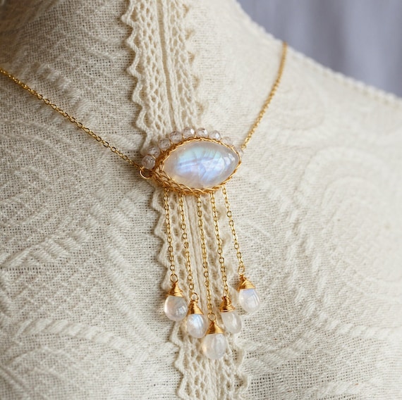Rainbow Moonstone Crystal Tassel Pendant Necklace
