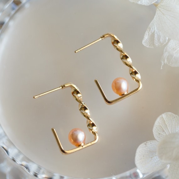 Reagan Orange Pearl Square Hoop Earrings