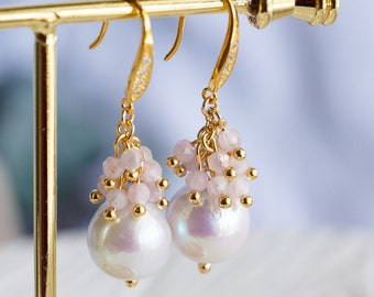 Baroque White Pearl & Kunzite Cluster Drop Earrings