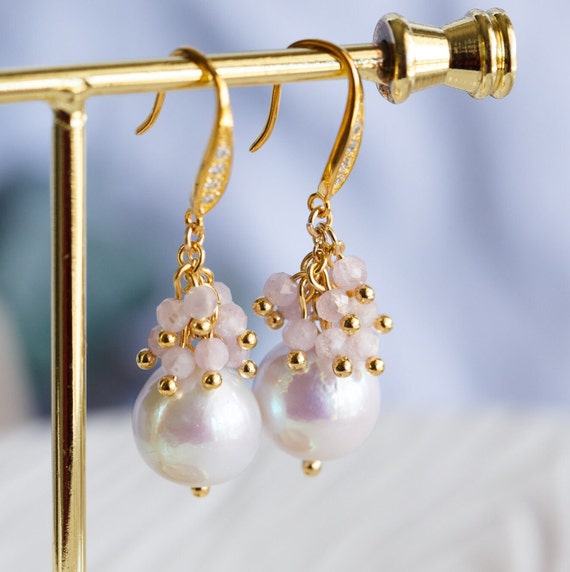 Baroque White Pearl & Kunzite Cluster Drop Earrings