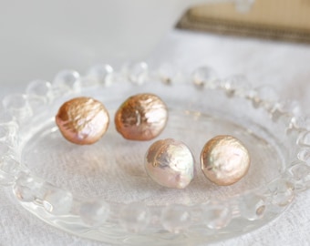 Metallic Lustre Natural Button Pearl Stud Earrings