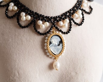 Barbara Agate Cameo Pearl Bib Necklace
