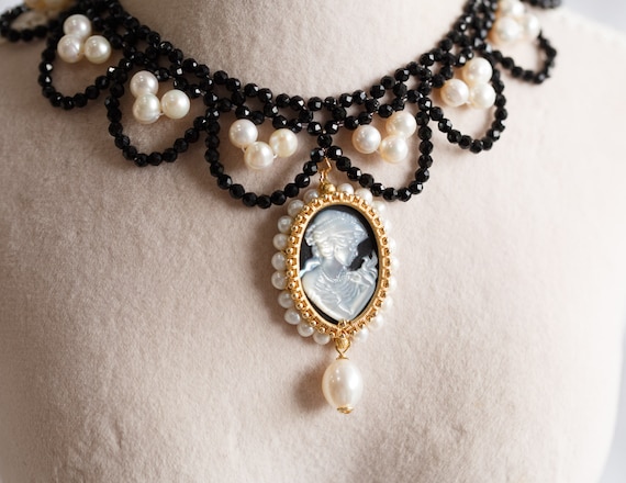 Barbara Agate Cameo Pearl Bib Necklace
