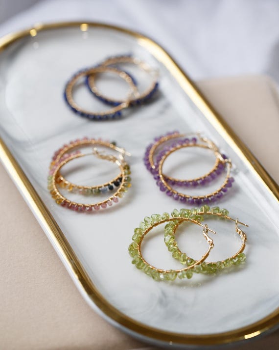 Theophania Tourmaline, Lapis, Amethyst, Peridot Gemstone  Hoop Earrings