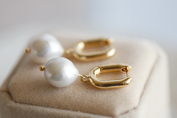 Astrid Square Hoop Pearl Earrings