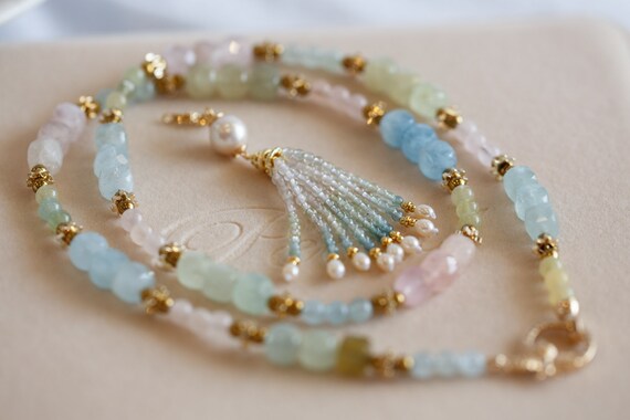 Analia Morganite and Tourmaline Tassel Necklace