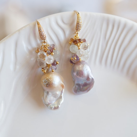 Diana Baroque Pearl Gemstone Cluster Earrings