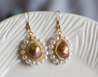 Metallic Purple Overtones Baroque Pearl Dangle Earrings