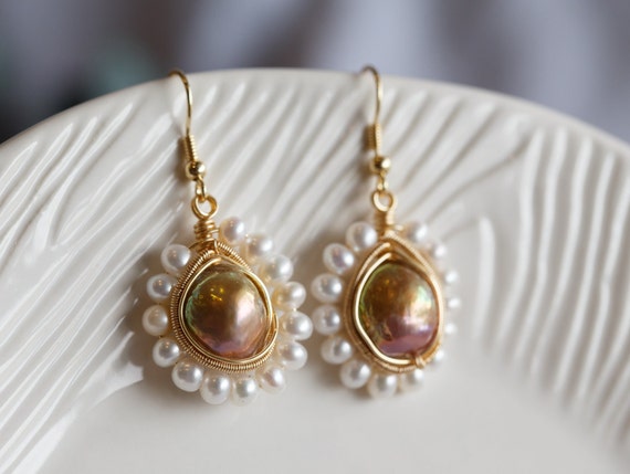 Metallic Purple Overtones Baroque Pearl Dangle Earrings