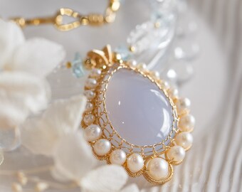 Blue Chalcedony Gemstone Statement Pendant Necklace