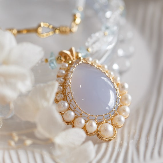 Blue Chalcedony Gemstone Statement Pendant Necklace