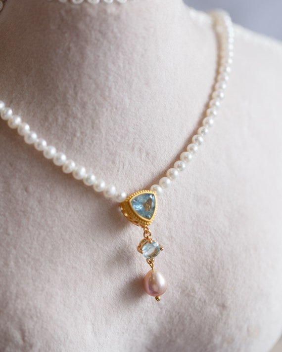 Leila Blue Topaz Pearl Drop Necklace