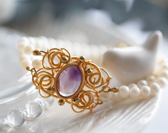 Amethyst Gold Wire Multi-Strand Pearl Bracelet