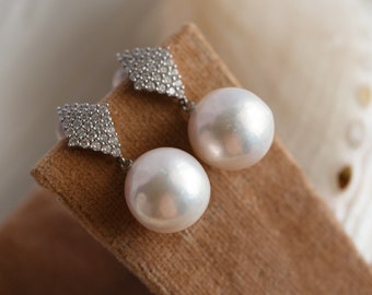 12.5mm Edison White Pearl Cubic Stud Earrings