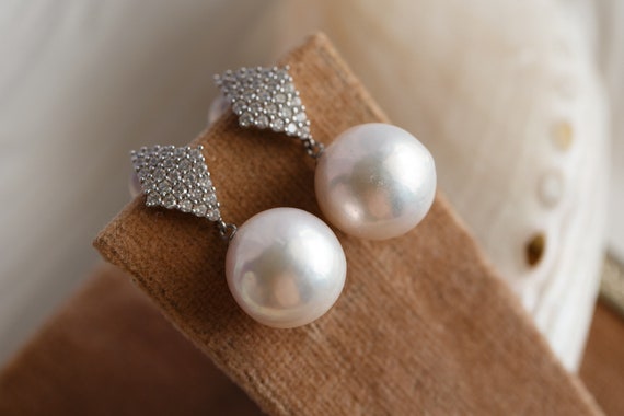 12.5mm Edison White Pearl Cubic Stud Earrings