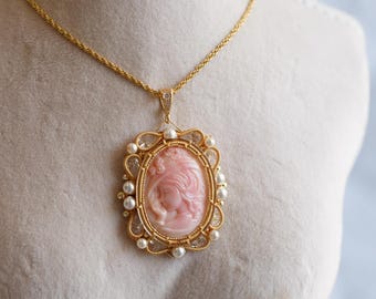 Evelyn Pink Conch Shell Cameo Picture Frame Pendant Necklace