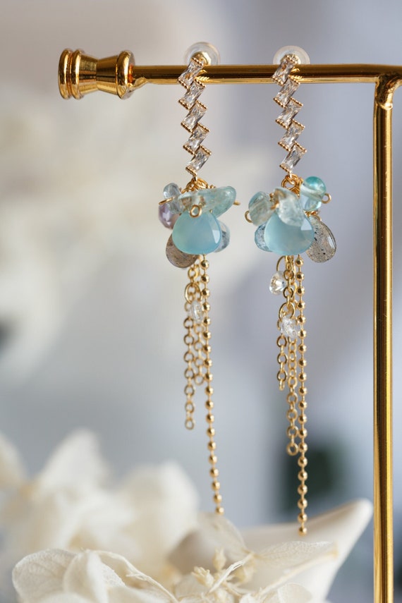 Bronte Turquoise Quartz Gemstone Cluster Drop Earrings