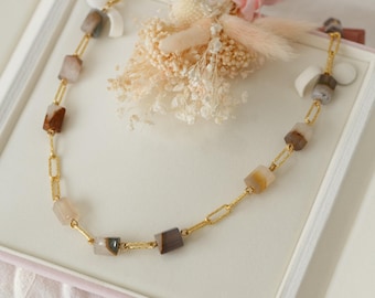 Annora Natural Agate Stone Paperclip Chain Necklace | Earthy Gemstone Link Necklace