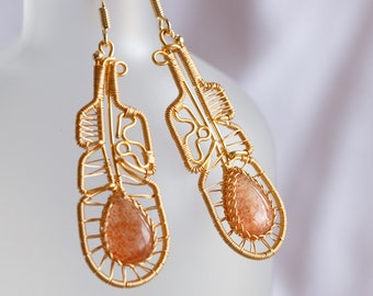 Shiny Sunstone Feather Dangle Earrings