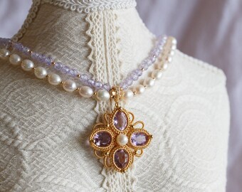 February Stone Amethyst Clover Flower Pendant Multi-Strand Necklace