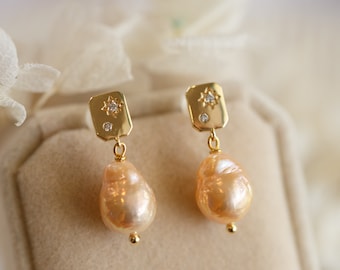 Lorena Metallic Orange Baroque Pearl  Earrings