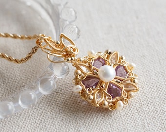 February Stone Amethyst Flower Pendant Necklace