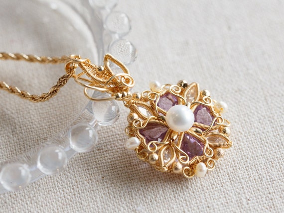 February Stone Amethyst Flower Pendant Necklace