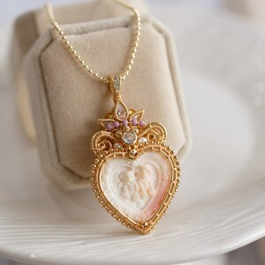 Johanne Pink Conch Shell Cameo Heart Pendant Necklace image 2