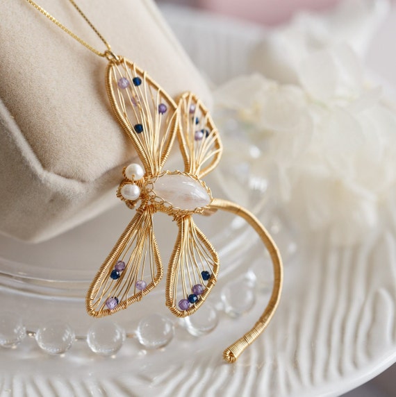 Hape Moonstone Dragonfly Brooch Necklace