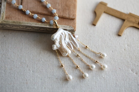 Natural Baroque Pearl Jellyfish Pendant & Angelite Necklace