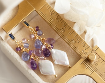 Baroque Pearl & Purple Gemstone Cluster Drop Earrings
