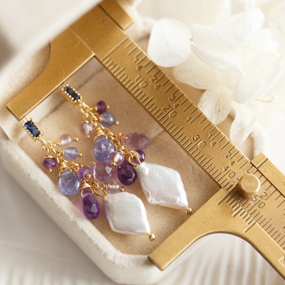 Baroque Pearl & Purple Gemstone Cluster Drop Earrings