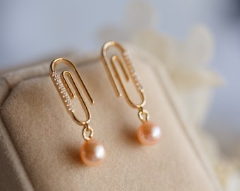 Metallic Orange Colour Pearl Paper Clip Earrings