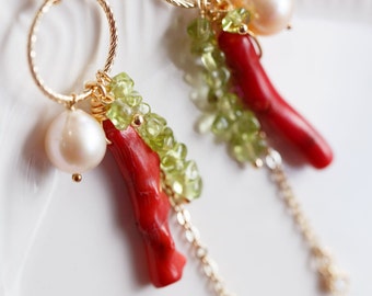 Caroline Coral Gemstone Cluster Loop Earrings