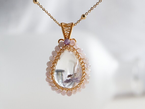 Purple Lodolite Phantom Quartz Gold Wire Pendant Necklace