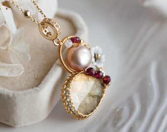 Natural Labradorite Gold Wire Heart Pendant Necklace