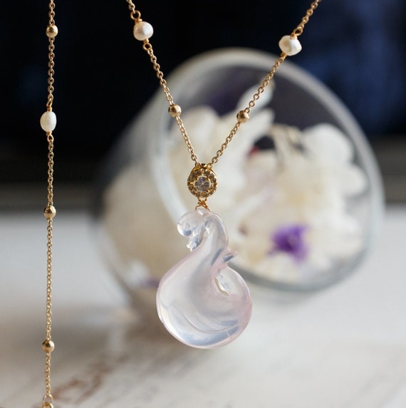 Mozambique Rose Quartz Swan Pendant Necklace