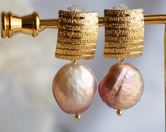 Astrid Purple Button Pearl Dangle Earrings