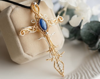 Blue Kyanite Believer Cross Pendant Necklace